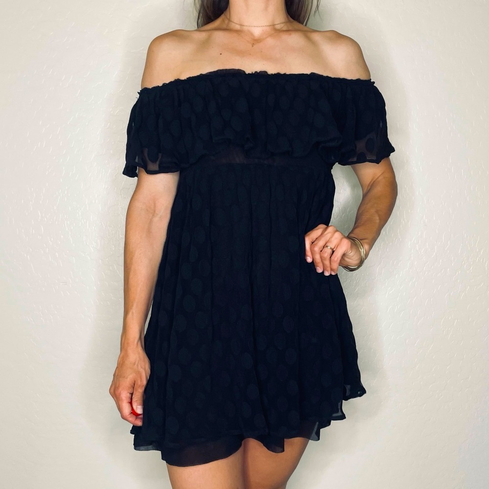 Vintage Jean Paul Gaultier Soleil Mesh Mini Off the Shoulders Dress Black Polka